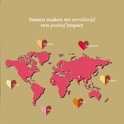 Wereldkaart met hartjes die locaties aangeven in Indonesië, Bangladesh, Nepal, Mali, India en Thailand. Tekst: 'Samen maken we wereldwijd een positief impact'.