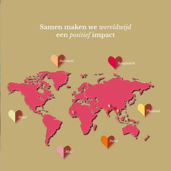 Wereldkaart met hartjes die locaties aangeven in Indonesië, Bangladesh, Nepal, Mali, India en Thailand. Tekst: 'Samen maken we wereldwijd een positief impact'.
