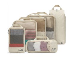 Compressie Packing Cubes - Packing Cubes met Compressierits - 6 stuks - Mesh Beige - Compression Cubes - Sunflake
