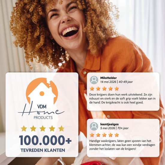 Lachende vrouw met krullend haar, met logo en klantbeoordelingen.