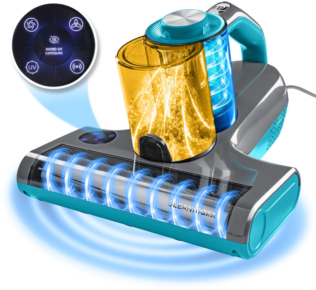 CLEANmaxx 3-in-1 mijtzuiger met 55 °C hete lucht, UV-C-licht en 15 kPa zuigkracht | Matraszuiger verwijdert 99,9% van de mijten | HEPA-filter voor mensen met allergieën en ultrasoon geluid, ideaal voor matrassen en bekleding