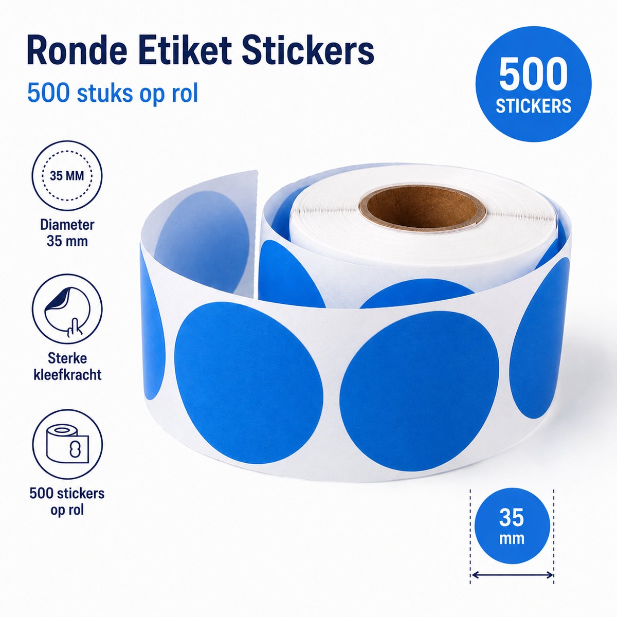 500 Etiketten Rond Blauw Stickers 35 mm op Rol - Label Blanco Stickers Gekleurd - Sluitzegel - Dappaz