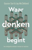 Boek "Waar denken begint" met geometrisch patroon in groen en beige, met tekst.