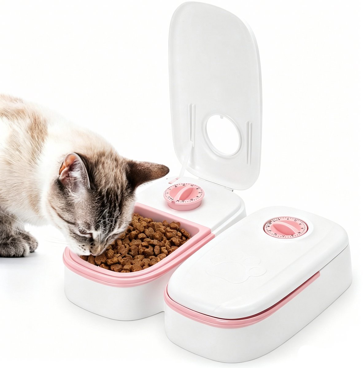 Voerbak kat automatisch- voerdispenser kat-2-delige automatische voerdispenser voor natvoer - 48-uurs timer, 700 ml kattenvoerdispenser - Automatische voerautomaat voor nat en droogvoer - roze - 28.5x24.5x7.5cm