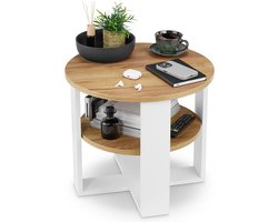 defiPad Salontafel Rond Ø53 cm, Bijzettafel, Hulp tafel met Plank, Wit + Eiken Craft
