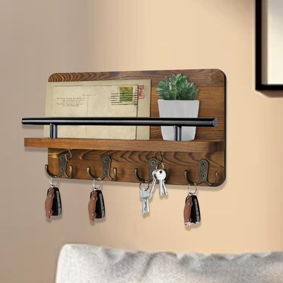Sleutelrek Hout - Wandorganizer Post - Entree Opruimen - Met Dienblad - 33x20 cm - Esdoornkleur