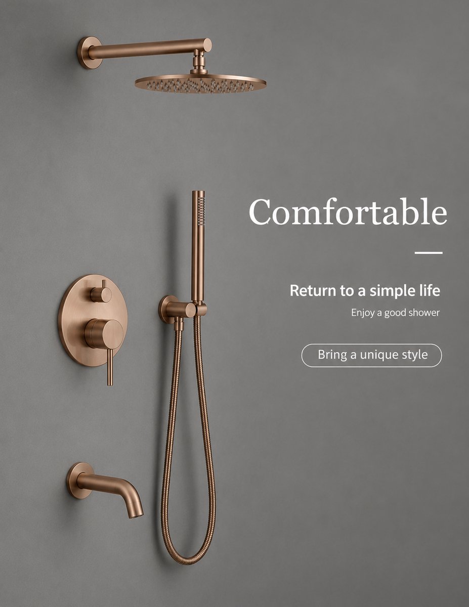 SUMOH® Regendouche Inbouwset Rosé Goud – Complete Messing Doucheset met Baduitloop, Handdouche & Regendouche – Luxe Inbouw Douchekraan Badkamer – 3 Weg Douchesysteem