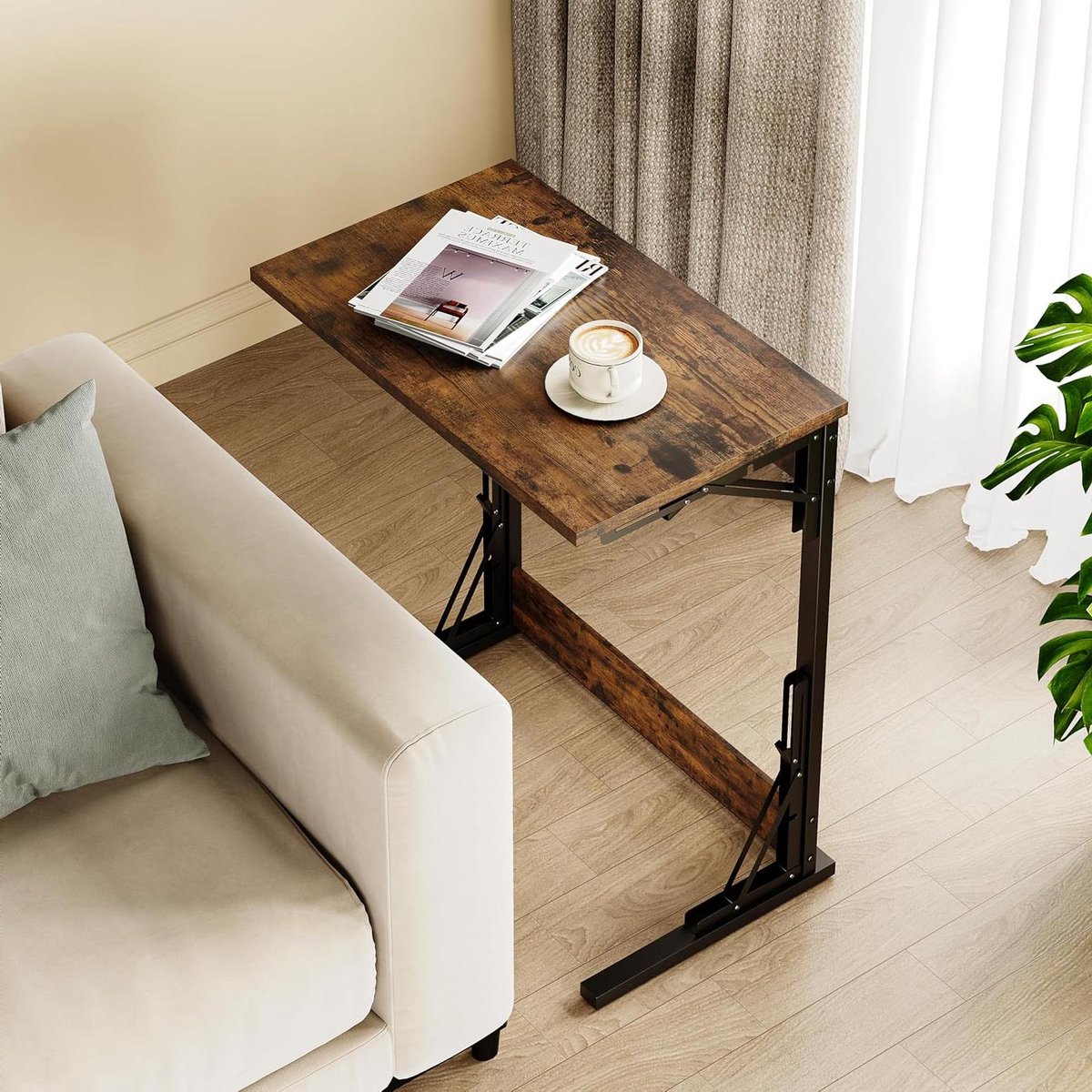 C-vorm inklapbare bijzettafel, salontafel, in hoogte verstelbaar, van metaal en houtlook, stapelbaar, ruimtebesparend, voor woonkamer, slaapkamer en kantoor, bruin, 60 x 37 x 71 cm (set van 1)