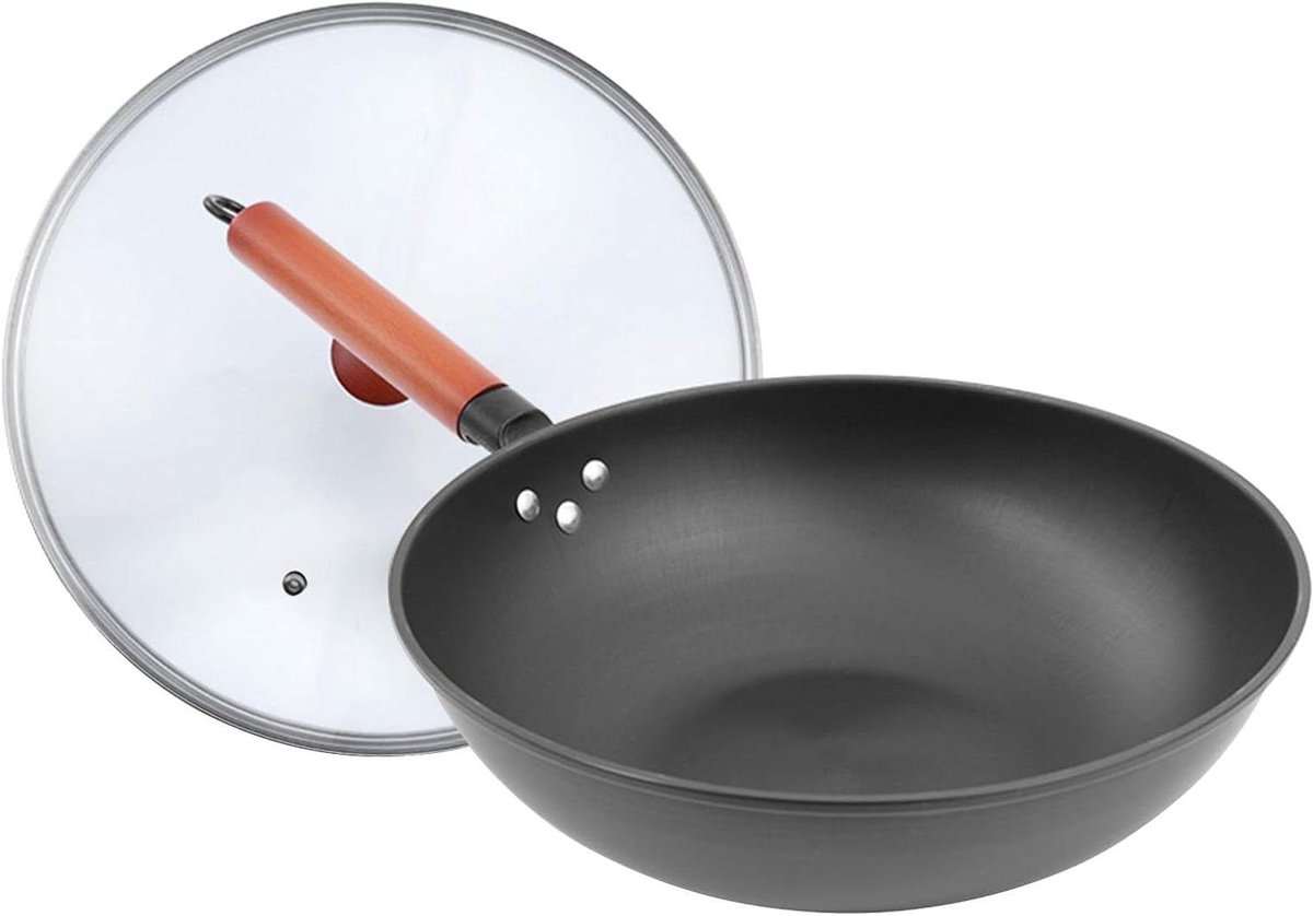 Gietijzeren Wokpan - Roerbakpan met deksel - Snelle maaltijden bereiden - Platte bodem inductie - 32 cm - Zwart
