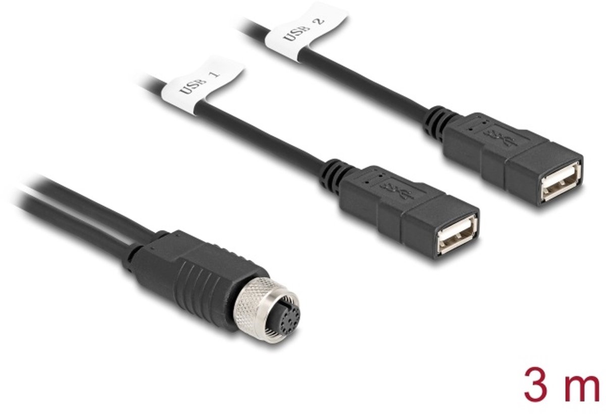 Delock M12 Cable A-coded 8 pin female to 2 x USB 2.0 Type-A female 3 m black