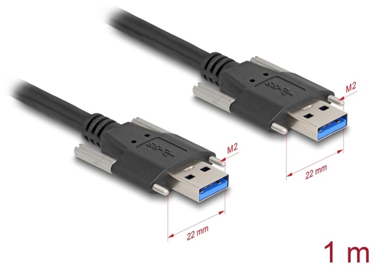Delock USB 5 Gbps Cable Type-A male to Type-A male with screw distance 22 mm 1 m black