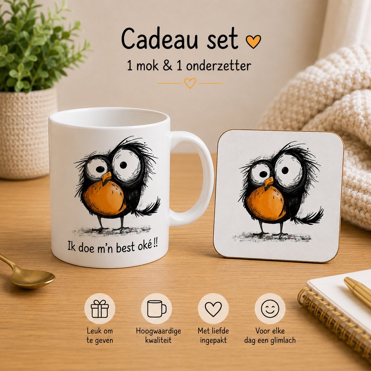 Grappige Mok & Onderzetter Cadeau Set – “Ik doe m’n best oké!!” – Origineel Cadeau voor, Collega, Juf, Meester, Vriendin of Koffieliefhebber - Cadeau Collega - Origineel Cadeau -