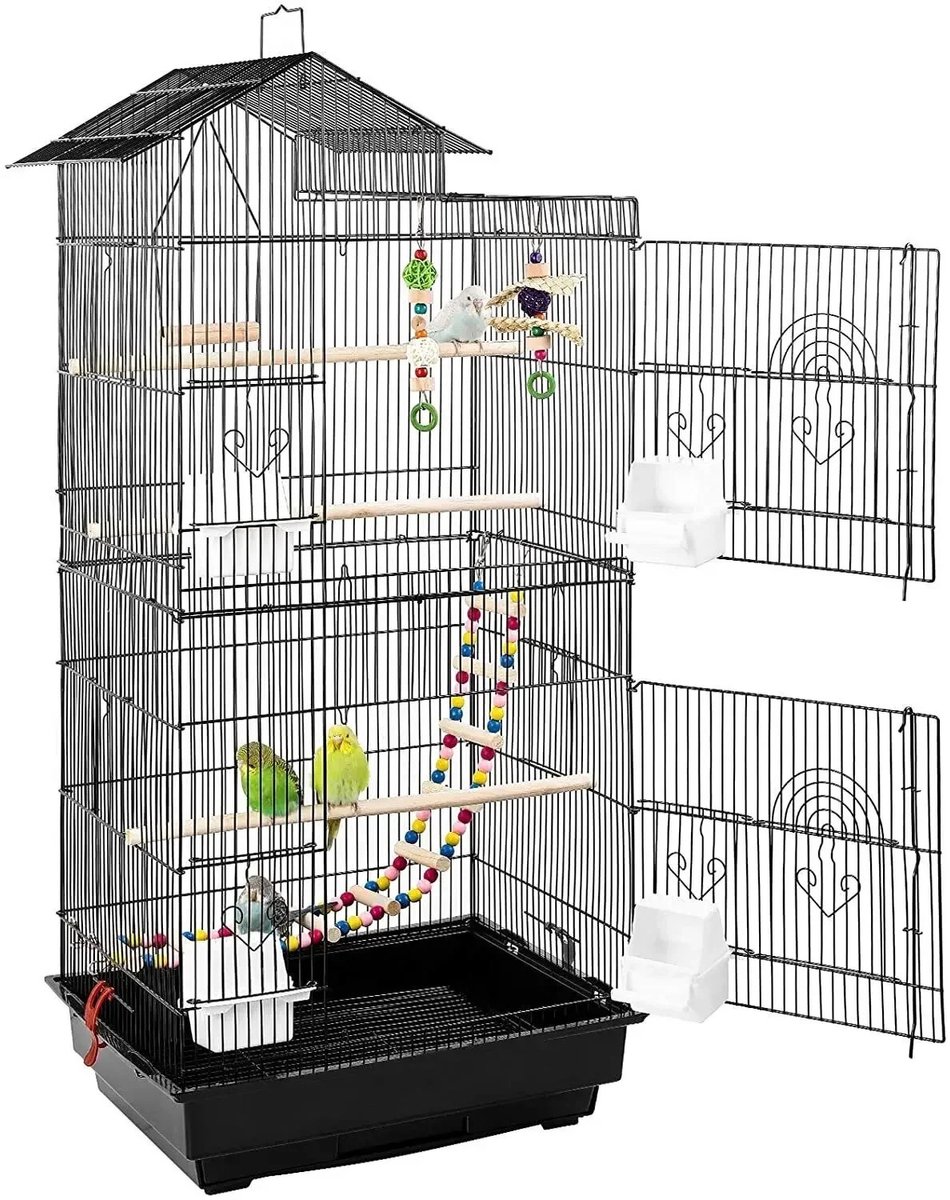 Vogelkooi 47x37x137CM - Vogelhuis - Voliere - Papagaaienkooi - Vluchtkooi - Valkparkieten - Vinken - Afsluitbare deur - Zwart