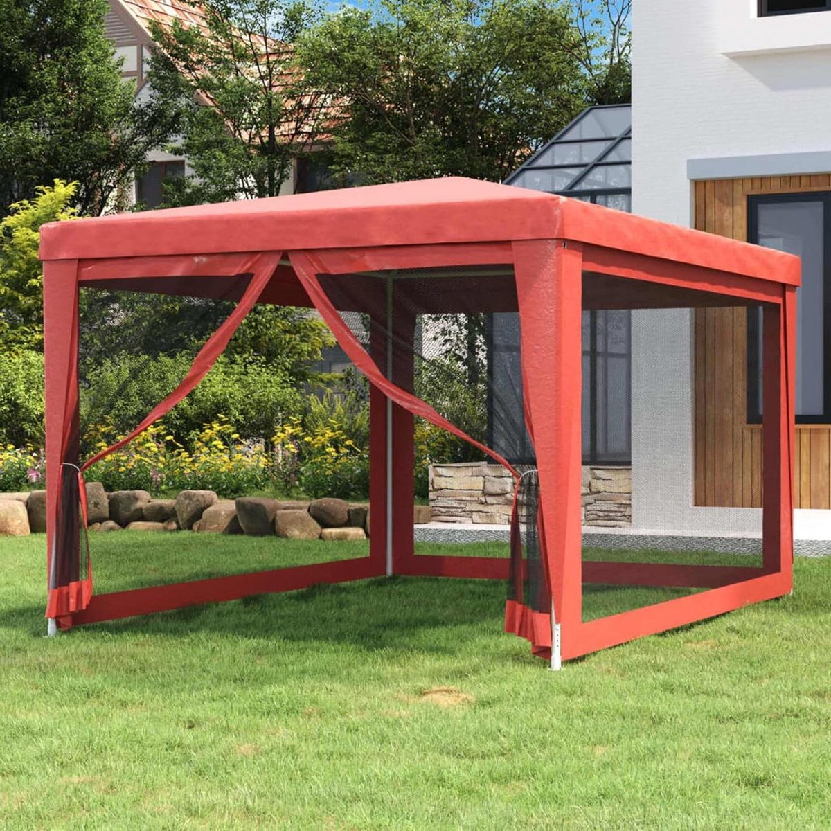 Feesttent Pavilion - Tuinpaviljoen Luifel - Buitenfeesten Organiseren - Met Horregaas Wanden - 3 x 4 Meter - Rood