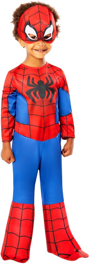 Kind in een rood en blauw Spider-Man kostuum met masker.