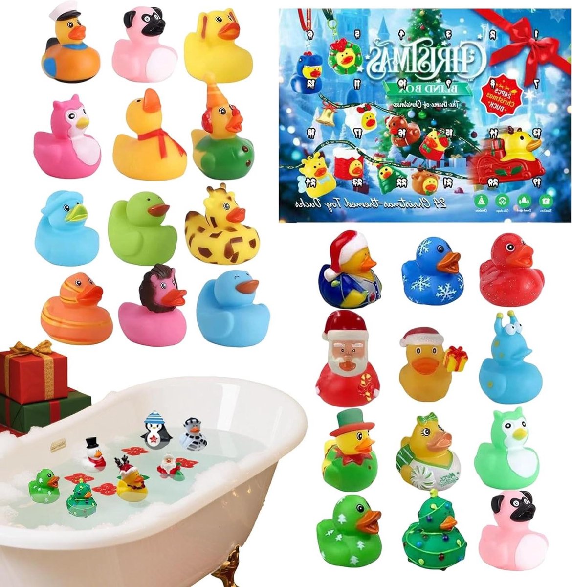 Kerst Rubber Eendjes - Badeendjes Speelgoed - Feestelijke Verrassing - 24 Stuks Kalender - Grootverpakking - Geel