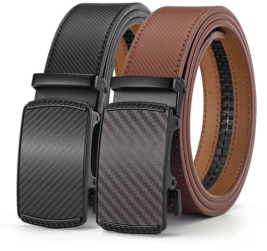 Ceintures pour hommes noires et marron avec motif fibre de carbone et boucles automatiques.