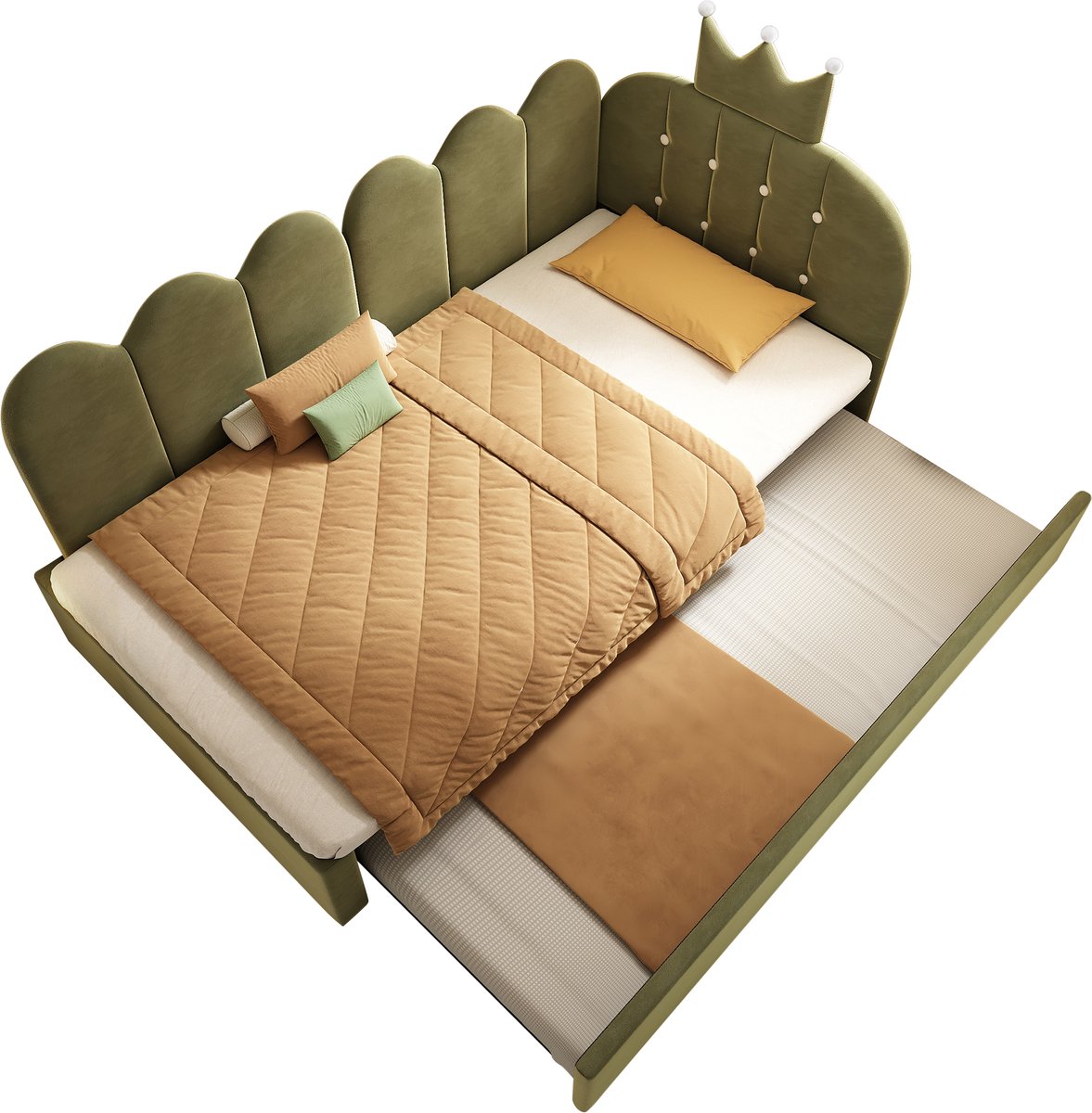 Merax 90x200 cm slaapbank - met uitschuifbaar bed 90x190 cm - L-vormig - kroonruitpatroon ontwerp - kinderbed - zonder matras - groen