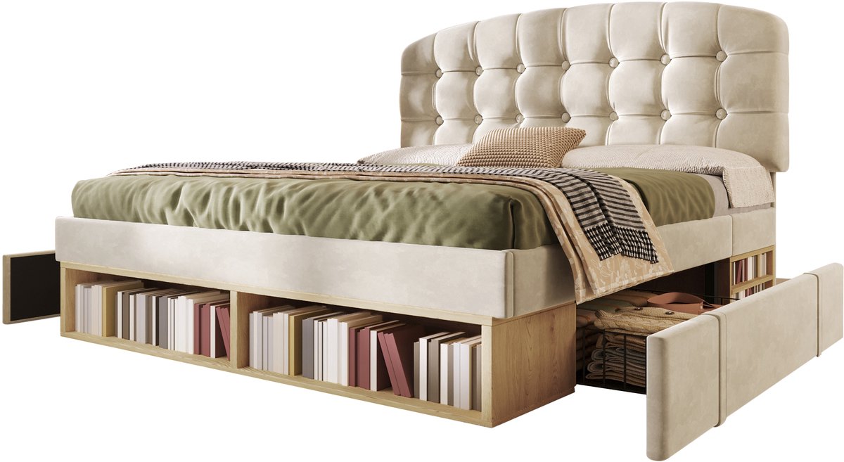 Merax 140x200cm gestoffeerd bed - met verstelbare hoogte gebogen hoofdeinde - met lade en opbergruimte - zonder matras - beige