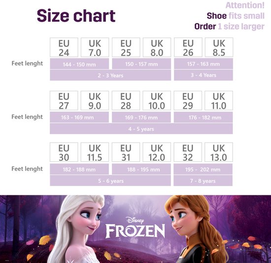 Maattabel voor kinderschoenen van 2 tot 8 jaar. Onderin de afbeelding staan Anna en Elsa van Frozen.