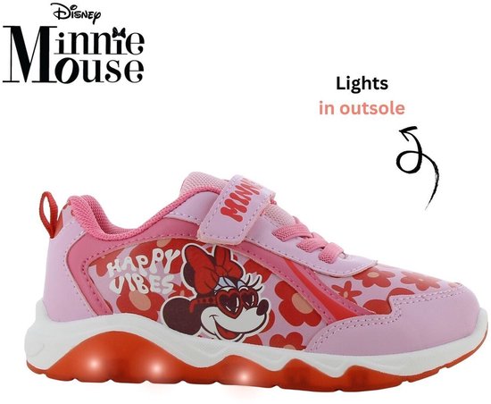 Roze sneakers met klittenbandsluiting, Minnie Mouse print en bloemenpatroon. Met lichtgevende zool.