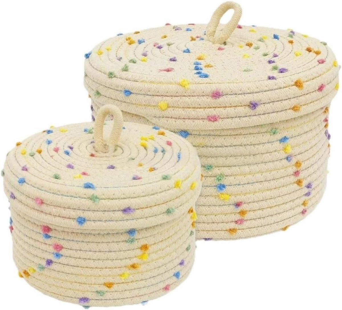 Decoratieve Opbergmand voor Thuis, Multifunctionele Mand voor Badkamer, Speelgoed en Snacks, Ronde Mand met Deksel, 20 x 13 cm, Beige met Kleurrijke Vlekken, Ideaal voor Organisatie en Ruimtebesparing