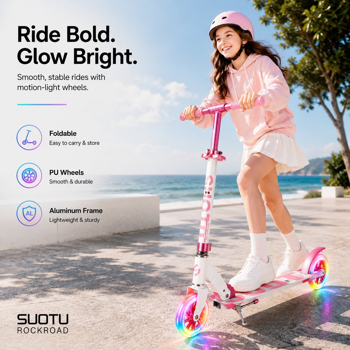 Suotu Kinderstep - 145mm Lichtgevende Wielen - Step - Speelgoed Jongens/Meisjes - Max stuurhoogte: 85 cm - Aluminium - Roze/Wit — afbeelding 10