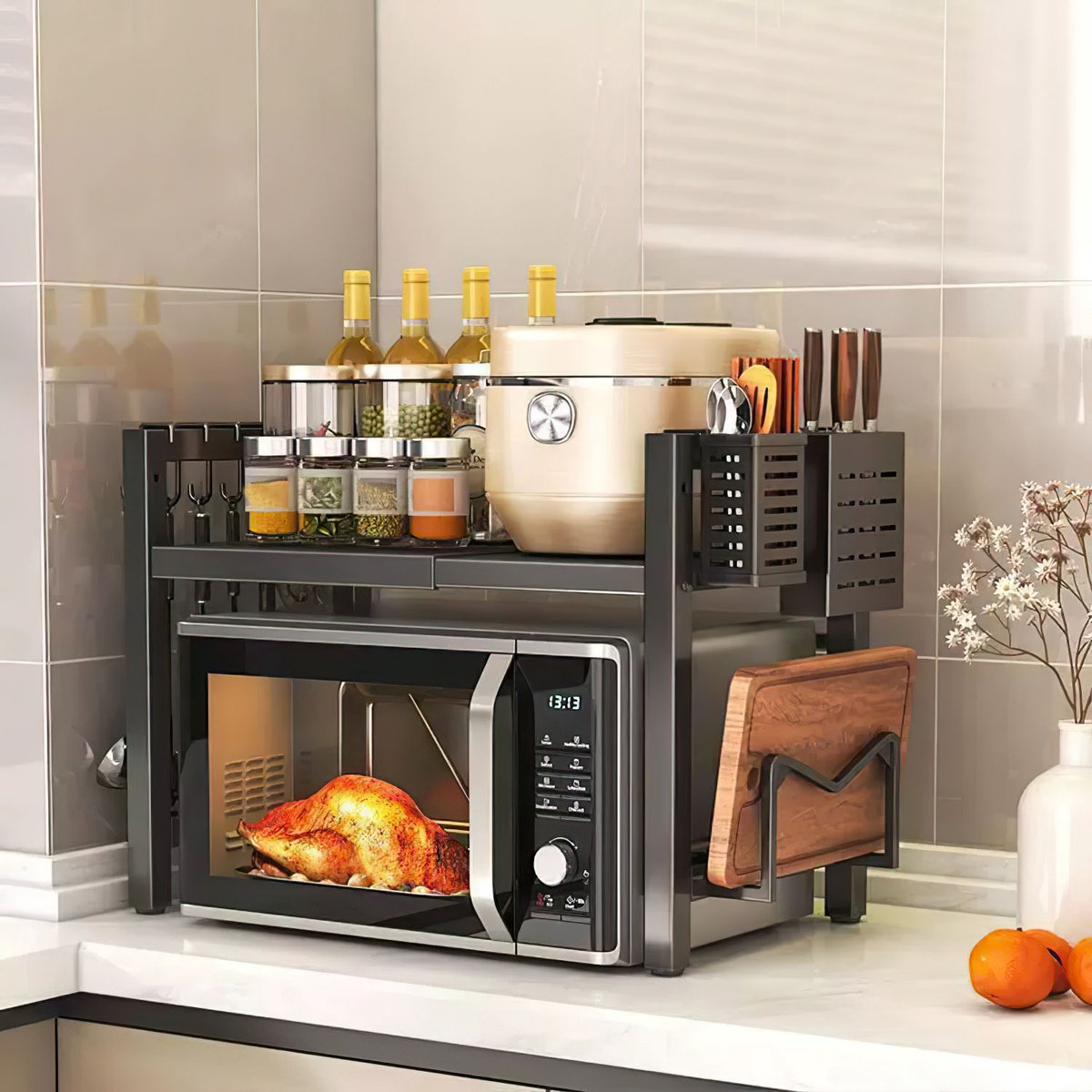 Uitschuifbaar Magnetron Rek – Koolstofstaal Keuken Organizer – Enkele Laag Opbergrek – Zwart — afbeelding 2