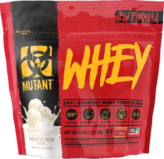 Zwarte en rode zak Mutant Whey 2.27 kg, Vanille-ijs smaak, met een illustratie van vanille-ijs in melk.