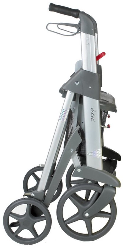 Grijze opvouwbare rollator met vier wielen, een mandje en verstelbare handvatten.
