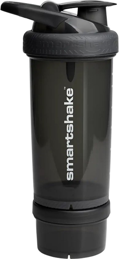 Zwarte Smartshake shaker met opbergvak onderaan, tegen witte achtergrond.