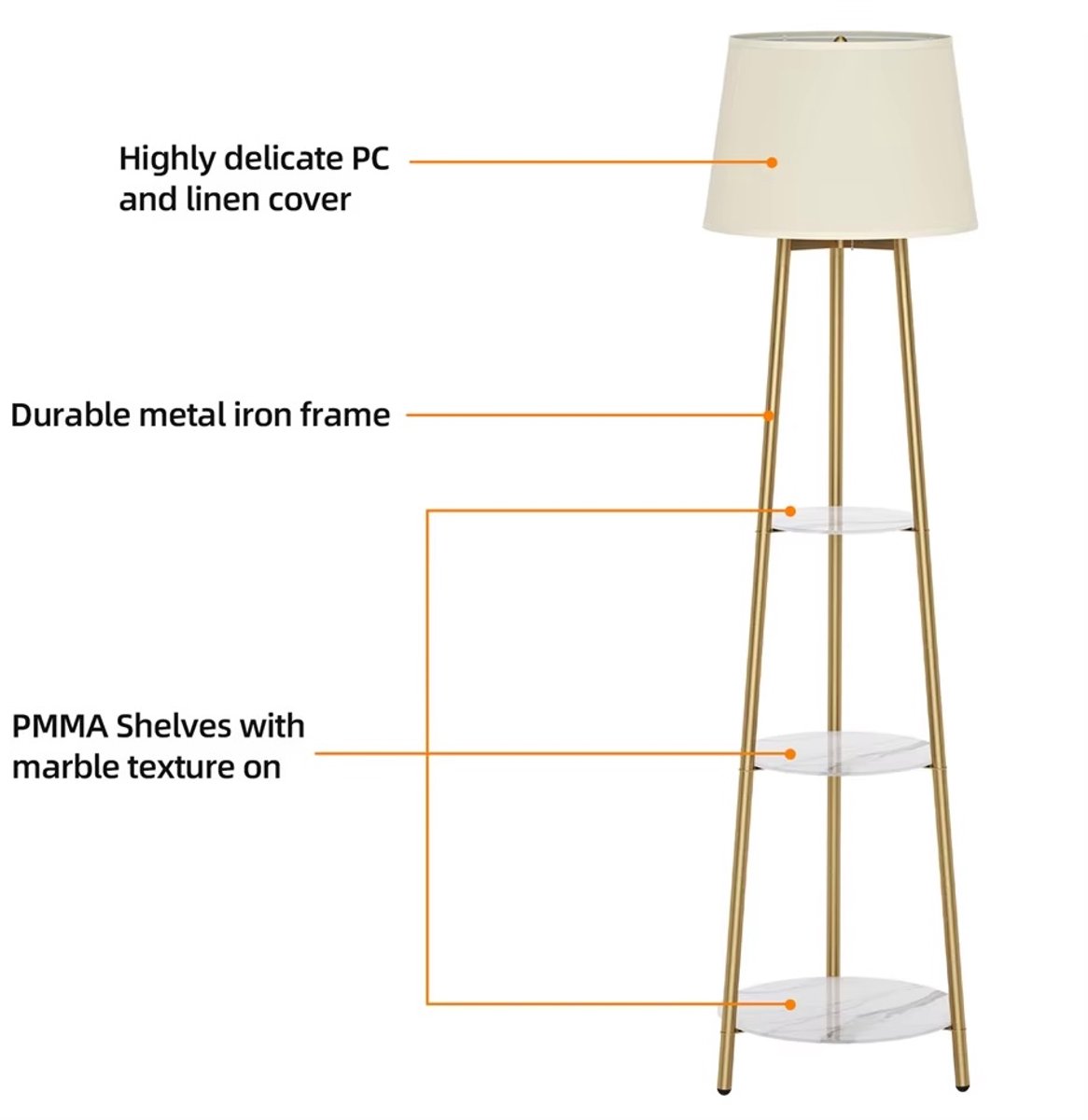 Turold Lamp - Led Lights - Led Lamp - Led Verlichting - 2-in-1 Hoekvloerlamp met planken, Modern statief, Witte Kap, Slapen/Wonen