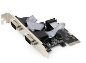 Zwarte PCI-Express kaart met 2 seriële poorten, zilverkleurige beugel en grijze lintkabels, op een witte achtergrond.