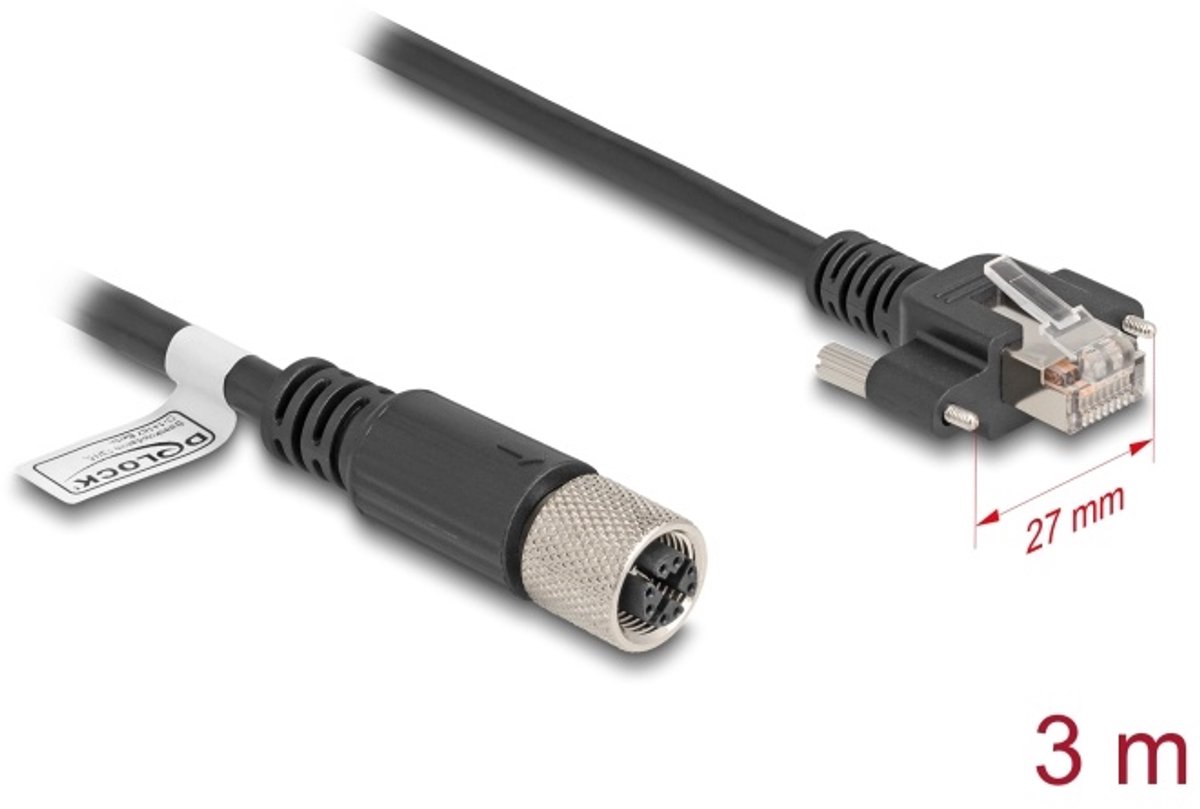 Delock M12 Cable X-coded 8 pin female to RJ45 plug with screws Cat.6A S/FTP 3 m black