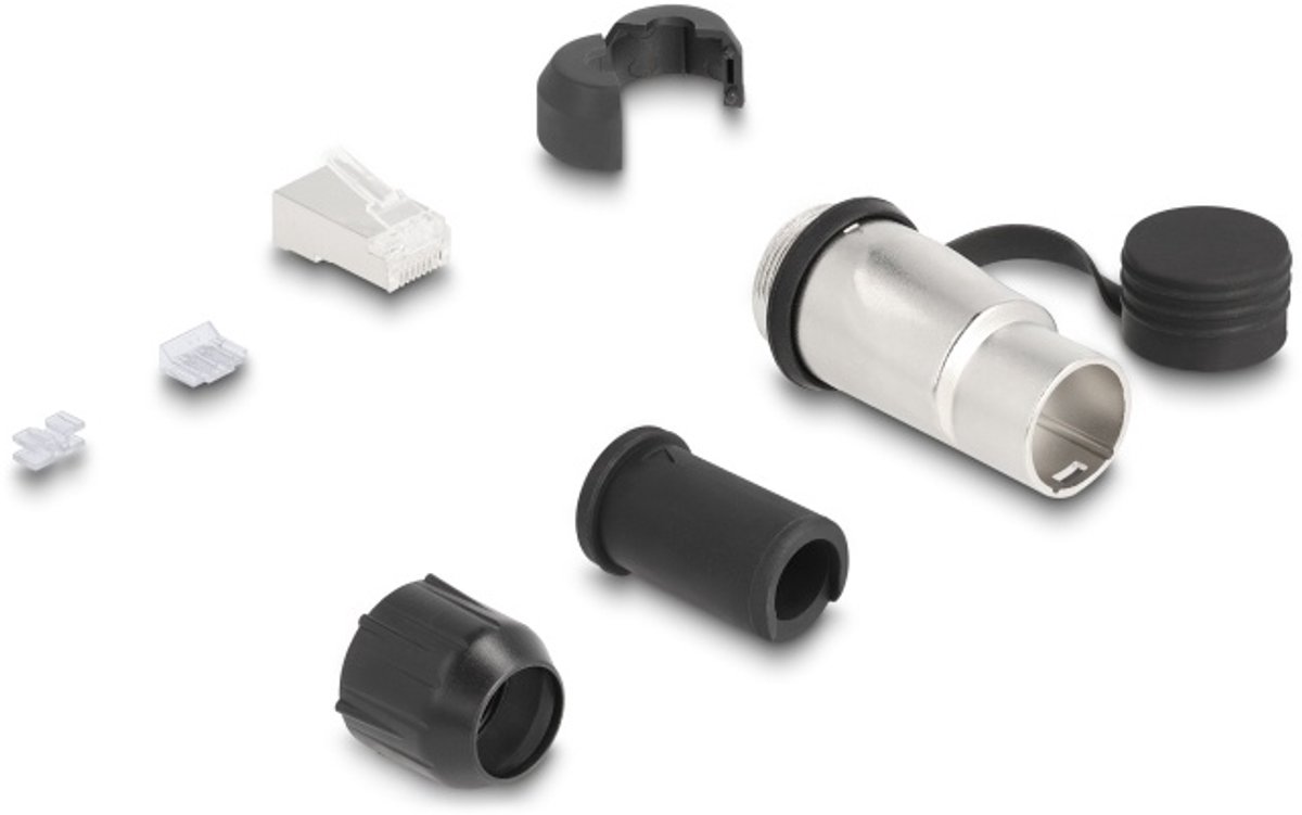 RJ45 Modular Plug for self-assembly Cat.6A with robust cable plug housing and protective cap suitable for the Delock feed-through couplers 67061 and 67062