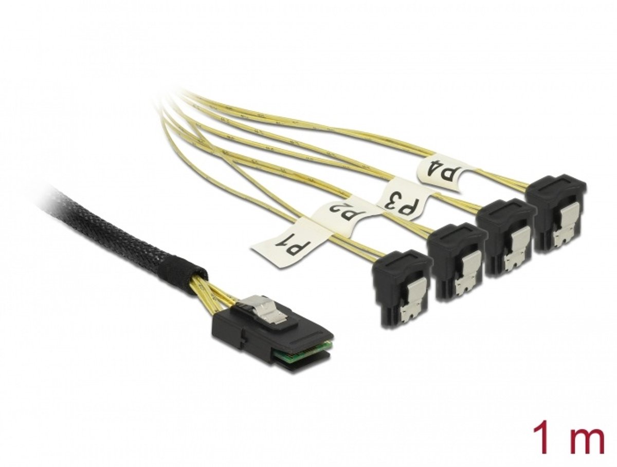 Kabel Mini SAS SFF-8087> 4 X SATA 7 PIN GEKLAAGEN 1 M