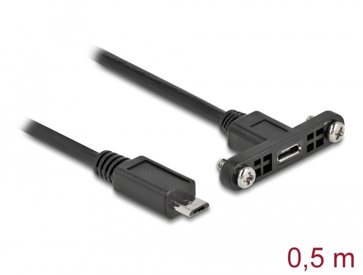 Image of Delock Cable USB 2.0 Micro-B female panel-mount > USB 2.0 Micro-B male 0.5 m