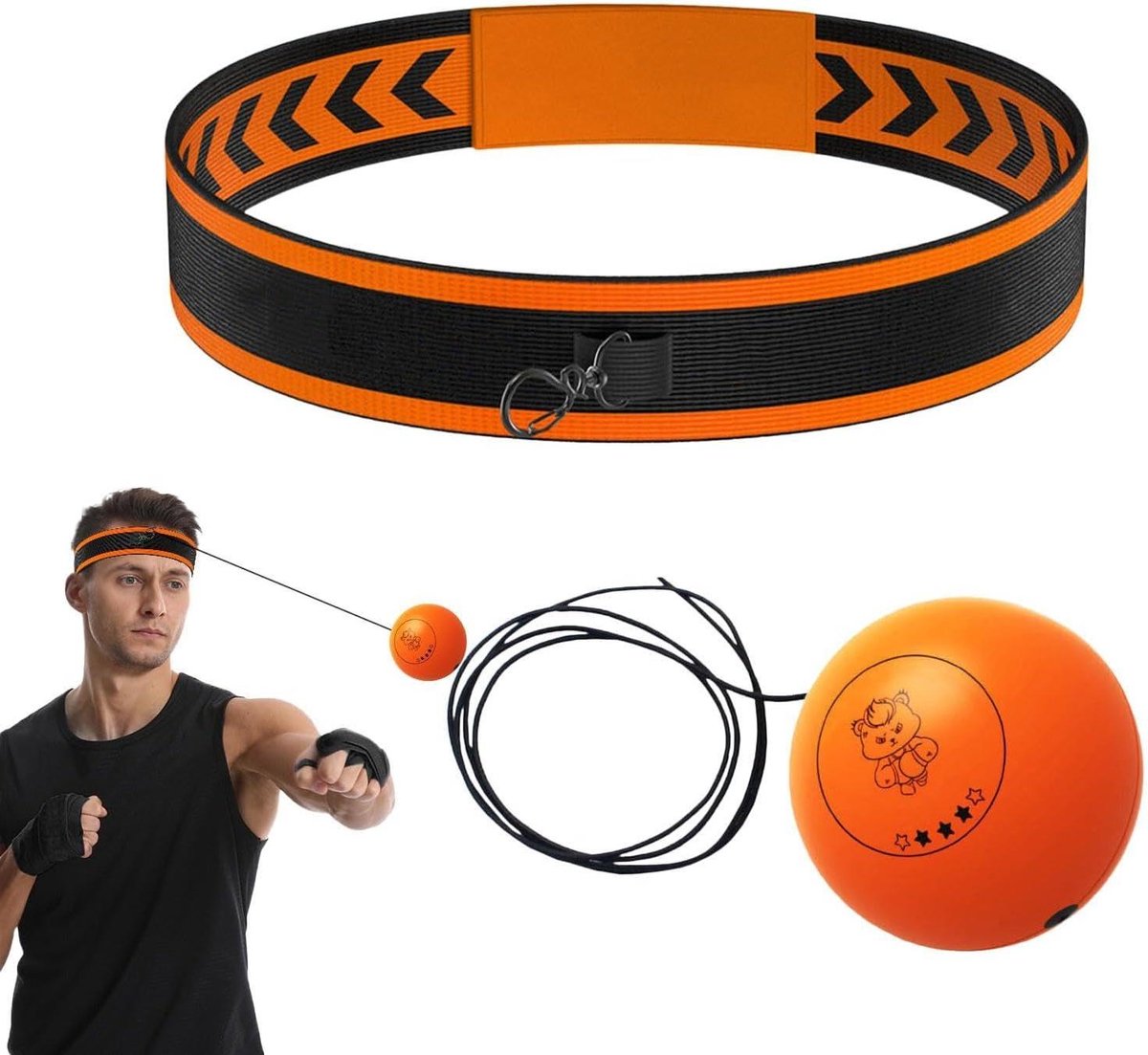 Hoofd Bal Boksen - Reflex Trainer - Coördinatie Training - Voor Alle Leeftijden - Verstelbare Hoofdband - Oranje Bal