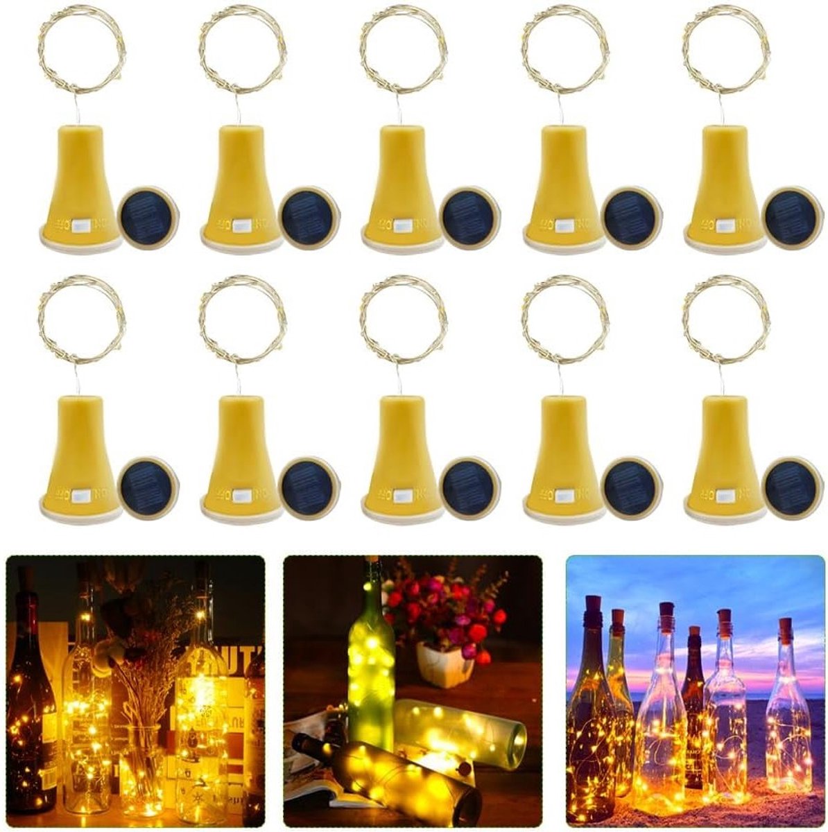Set van 10 Waterdichte Flessenlampen met Kurk, 2 m Kurk, Feestverlichting voor Tuin en DIY Projecten met 20 LED Lampjes