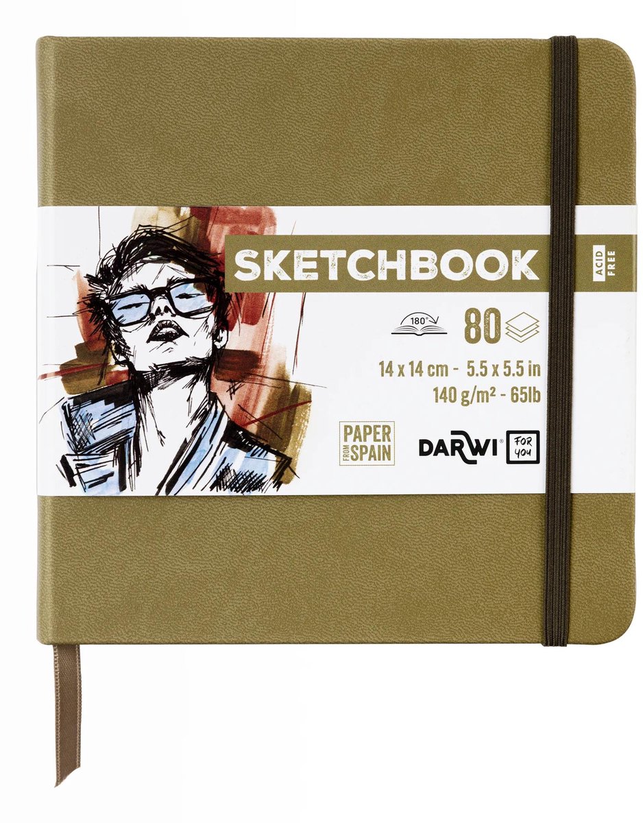 Darwi DFY - Schetsboek - 14 x 14 cm - 140 g - Kaki groen - 80 vellen