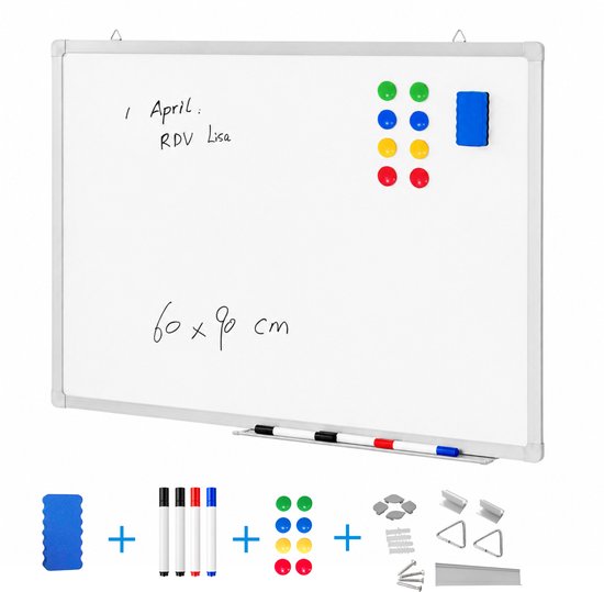 ACAZA Whiteboard - Magnetisch - 60 x 90 cm - Magneetbord - Weekplanner - Inclusief 8 Magneten, 4 Stiften, Wisser en Pennenbakje - Whiteboard Stiften - Weekplanner Whiteboard - Maandplanner - Magneten Whiteboard - Memobord