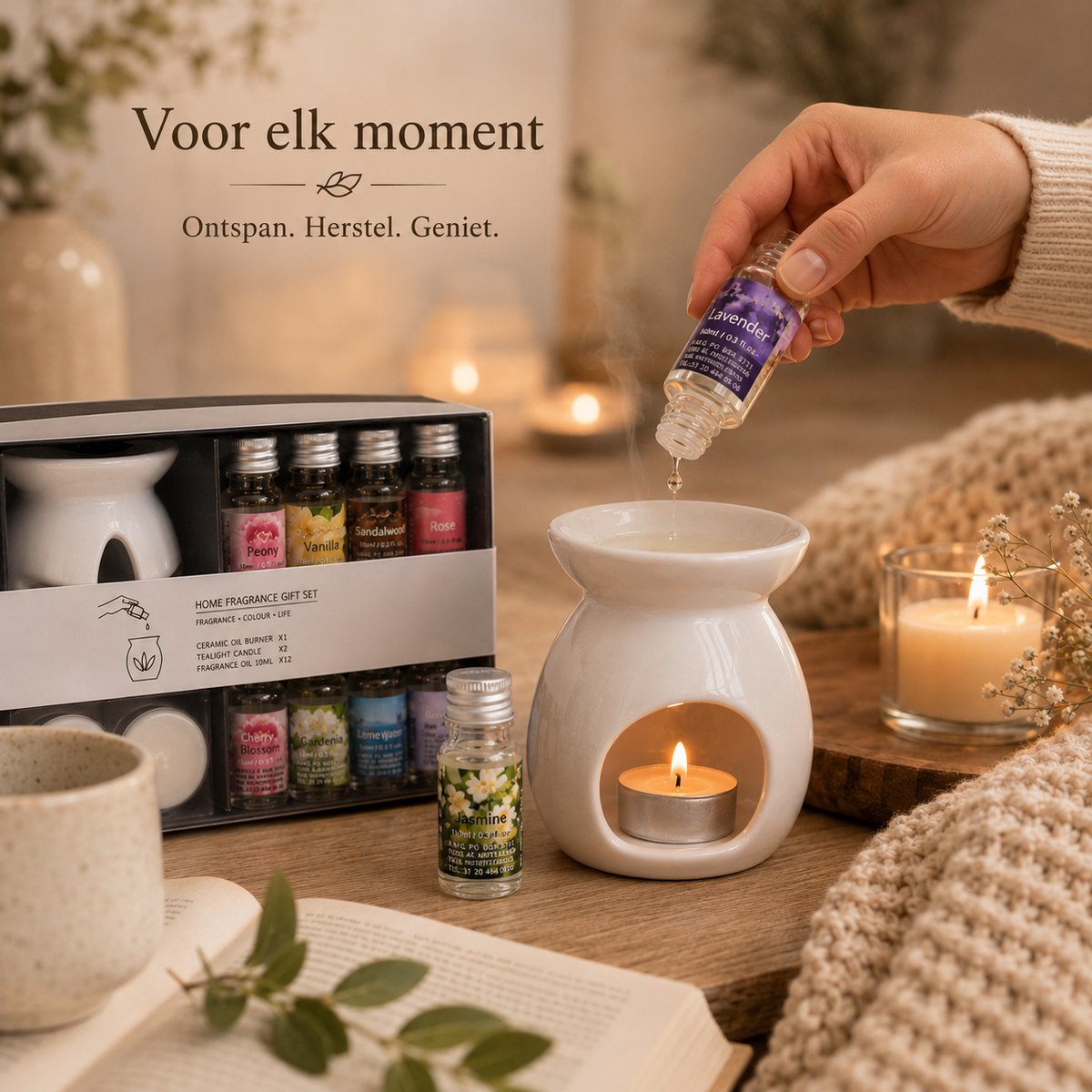 EasyMart Geurbrander Set - Keramische Aromabrander & Oliebrander met 12 Geuroliën en 2 Waxinelichtjes - Huisparfum Cadeauset - Kerstcadeau — cadeau in Wonen & Interieur - foto 7