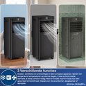 Drie panels van een zwarte mobiele airco: links met slang, midden in kamer, rechts in badkamer. De middelste toont luchtstroom en een hand met afstandsbediening. Overlay '3 verschillende functies'.
