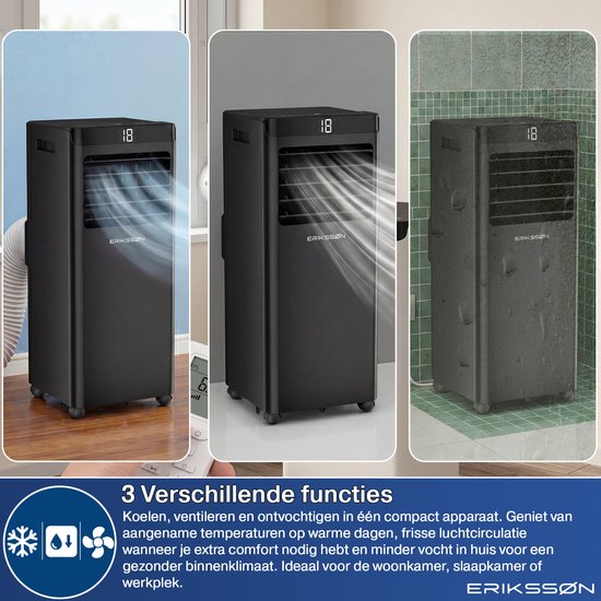 Drie panels van een zwarte mobiele airco: links met slang, midden in kamer, rechts in badkamer. De middelste toont luchtstroom en een hand met afstandsbediening. Overlay '3 verschillende functies'.