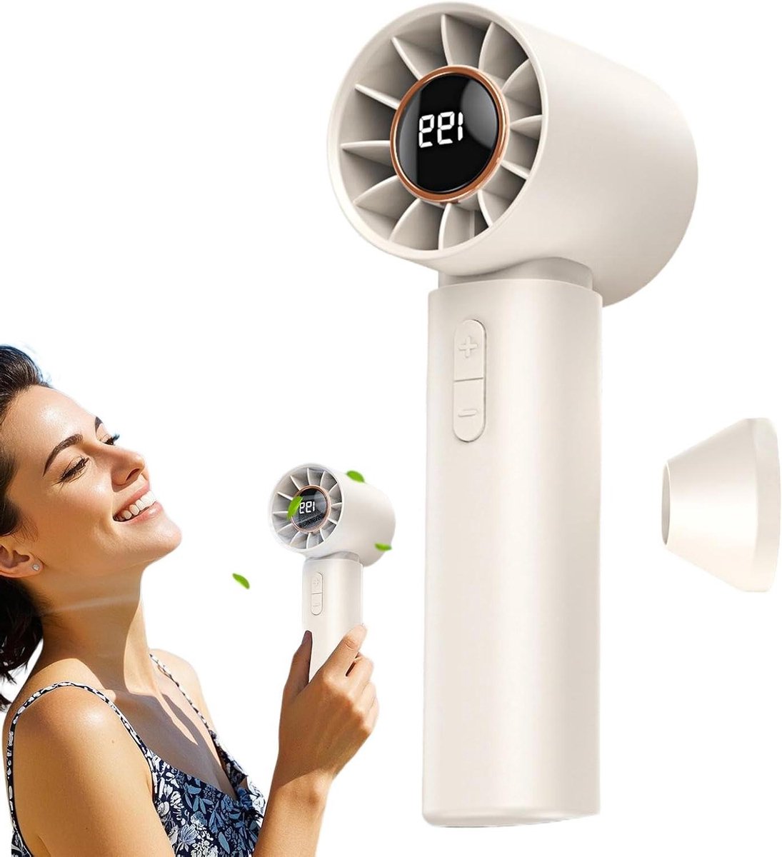 Draagbare ventilator - Handheld fan - Persoonlijke verkoeling - Turbo airflow technologie - 165 cm - Beige