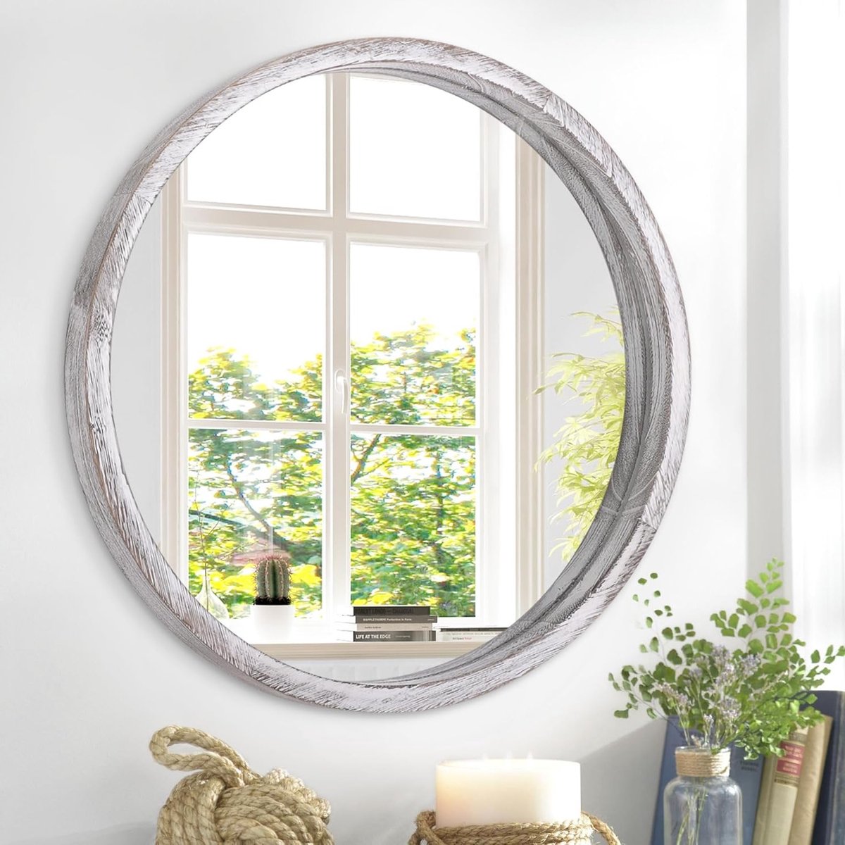 Ronde Wandspiegel 40 cm voor Badkamer en Woonkamer, Houten Frame in Rustieke Witte Afwerking, Ideaal voor Verlichting en Decoratie