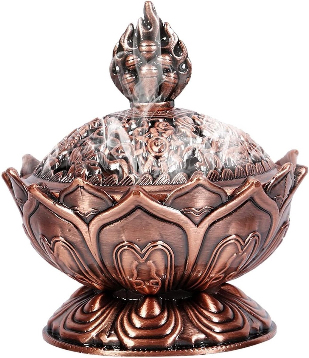 Vintage Lotus Vorm Wierookbrander met Deksel, Terugvloeiende Wierookhouder voor Ontspanning en Decoratie, 6.9 x 7 cm (Rood Brons)