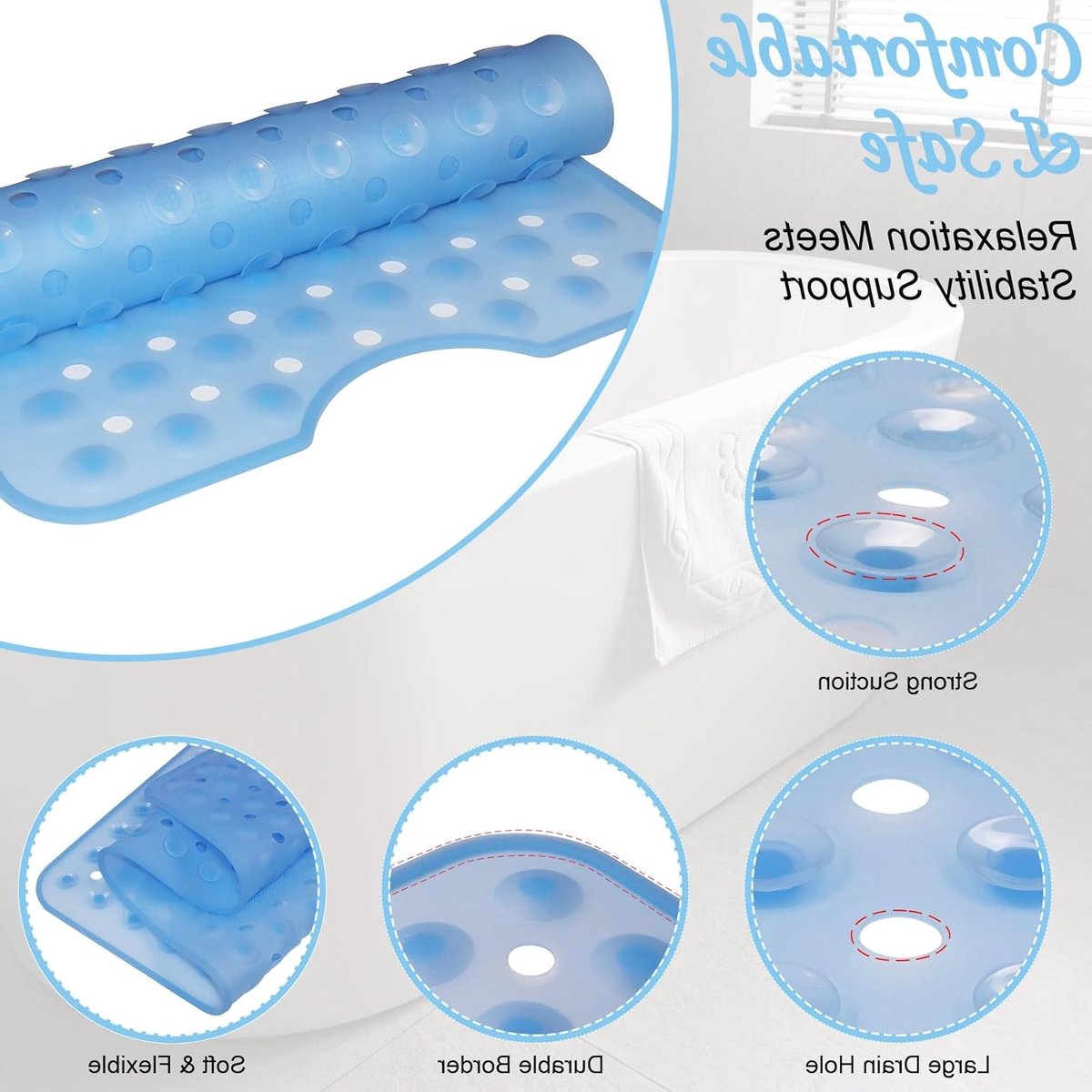 Antislip Douchemattens 90 x 40 cm met Zuignappen en Afvoergaten, Wasbare Badmat voor Badkuip en Vloer, Zacht en Comfortabel, Transparant Blauw, Ideaal voor Veiligheid en Comfort in de Badkamer