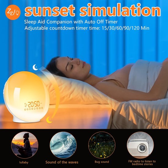 Wake-Up Light - Nachtlamp Alarm - Rustig Ontwaken - Zonsopgang Simulatie - 7 Kleuren - Wit van Wake-up Light — afbeelding 3