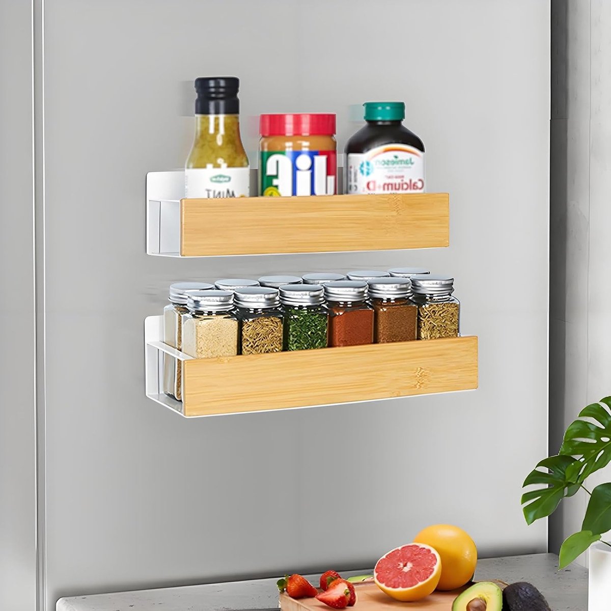 Magnetisch Kruidrek voor de Koelkast, 2 Stuks, Houten Rek voor Keukenopslag en Organisatie, Ideaal voor Kruidenset en Keukengerei